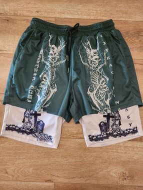 ROMWE Men's M Goth Style Basketball Double Shorts Inner Layer Skeleton Japanese